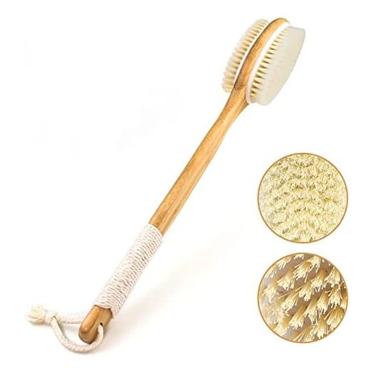 Shower Brush, VIS'V Long Bamboo Handle Dual Sided Shower Back Brush with Soft and Stiff Bristles Men & Women Non Slip Bath Body Exfoliating Scrubber Brush for Wet or Dry Brushing with Sticky Hook