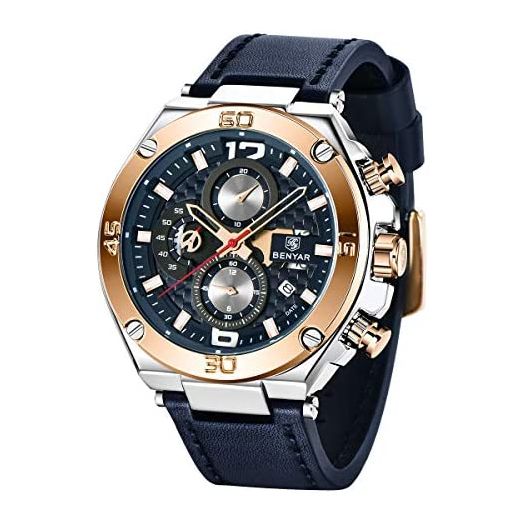 BENYAR Wrist Watches for Men Quartz Movement Leather Strap Analog Chronograph Fashion Business Sport Design Mens Watch 30M Waterproof Stylish Elegant Gifts for Men