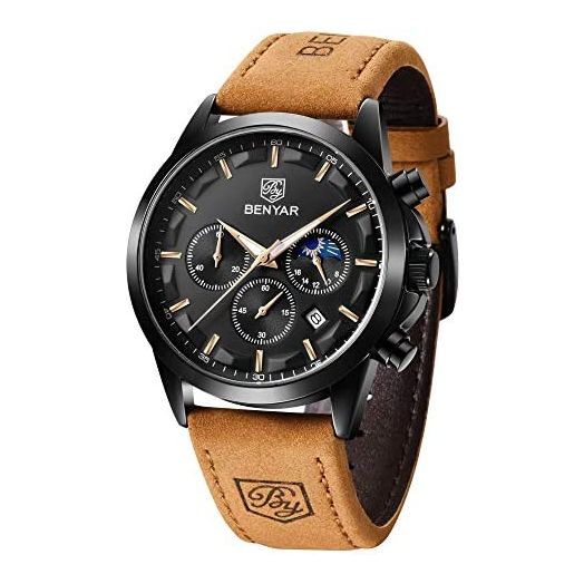 BENYAR - Wrist Watch for Men, Genuine Leather Strap Watches, Quartz Movement, Waterproof Analog Chronograph Watches