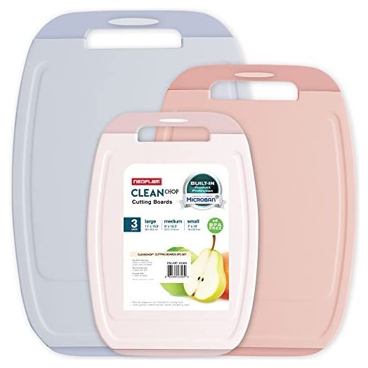 Neoflam Microban Protection Cutting Board 3 Piece Set, Stain & Odor/BPA Free, Reversable Board, Upgraded Larger Juice Groove, Non-Slip EZ Grip Handle, Dishwasher Safe, Pastel