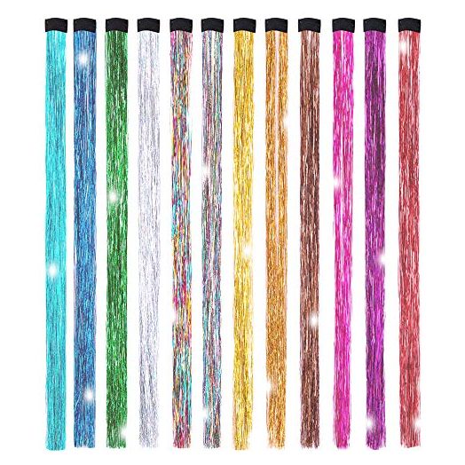 19.7 Inch Clip In Hair Tinsel Fairy Hair Tinsel Kit Clips Clip On Glitter Hair Tinsel Extensions 12 Colors