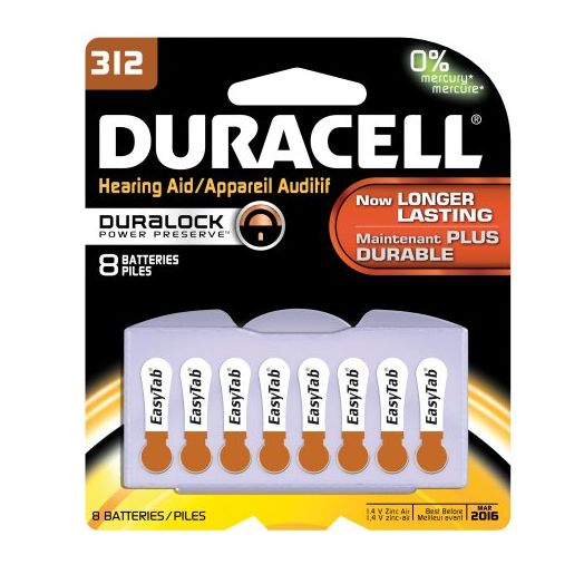 Duracell DA312B8ZM09 Easy Tab Hearing Aid Zinc Air Battery Pack, 312 Size, 1.4V, 175 mAh Capacity (Case of 6 Cards, 8 Unit per Card)