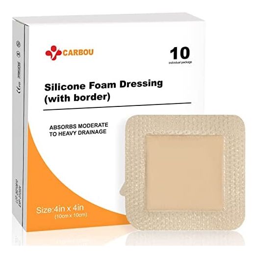 Carbou Silicone Foam Dressing with Gentle Border,4"x4" Adhesive Waterproof and High Absorbency Square Wound Care Dressing Bandage for Pressure Sore, Leg Ulcer, Diabetic Ulcer,10 Pack