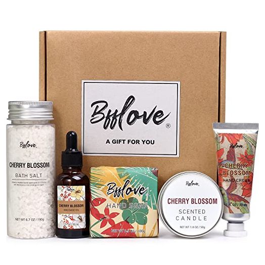 Gifts for Women, Bath and Body Set with Cherry Blossom Scent Spa Kit Gift Set for Her,Massage Oil,Scented Candle,Bath Salt,Hand Cream & Soap,Birthday Gifts Box for Women Mom Best Friend 5PC Bath Set