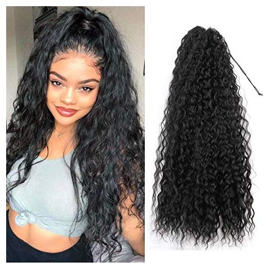 30inch Long Corn Curly Wave Drawstring Ponytail Synthetic High Puff Ponytail Hair Pieces With Comb Clip in Black Wavy Ponytail Clip in Hair Extensions (1B)