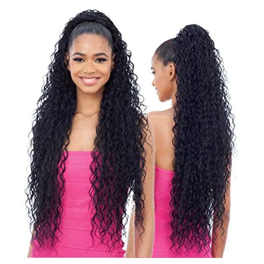 Long Curly Drawstring Ponytail 30”Synthetic Clip In Ponytail Extensions Black Color for Women Afro Curly Corn Wave Wavey Clip on Ponytail(1B)