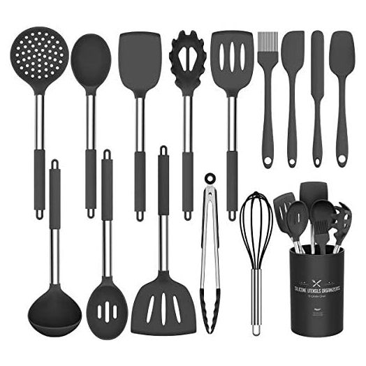 Silicone Cooking Utensil Set, Umite Chef 15pcs Silicone Cooking Kitchen Utensils Set, Non-stic - Best Kitchen Cookware with Stainless Steel Handle - Black
