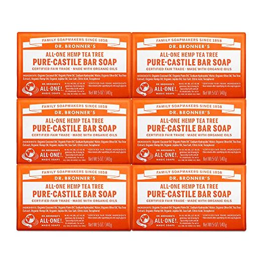 Dr. Bronner’s - Pure-Castile Bar Soap (Tea Tree, 5 ounce, 6-Pack) - Made with Organic Oils, For Face, Body, Hair & Dandruff, Gentle on Acne-Prone Skin, Biodegradable, Vegan, Non-GMO