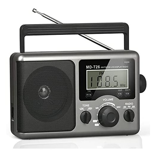 Portable AM FM Shortwave Radio,Battery Operated Radio by 4D Cell Batteries or AC Power Transistor Radio with LCD Display,Time Setting,3.5mm Earphone Jack,Big Speaker,High/Low Tone for Home,Gift