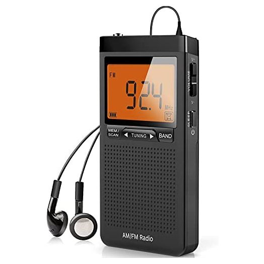 AM FM Portable Radio Personal Radio with Excellent Reception Battery Operated by 2 AAA Batteries with Stero Earphone, Large LCD Screen, Digtail Alarm Clock Radio