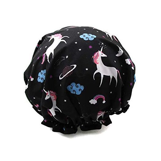 1 Pcs Waterproof Shower Cap,Reusable Elastic Unicorn Printed Protection Hair Bath Cap(07 Black Unicorn)