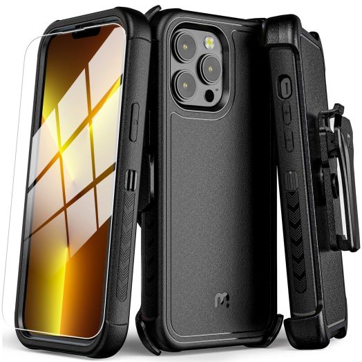 M MYBAT PRO Maverick Series Case for iPhone 13 Pro Max Case with Belt Clip Holster and Tempered Glass, 6.1 inch, Heavy Duty Military Grade Drop Protective Case with 360° Rotating Kickstand-Black