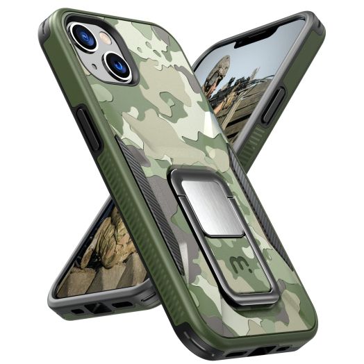 MYBAT Pro Designed for iPhone 13 Case with Stand, 6.1 inch, Shockproof Stealth Series, Support Magnetic Car Mount, Double Layer Heavy Duty Military Grade Drop Protective-Army Green Camo