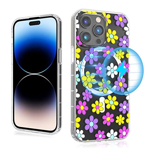 MYBAT PRO Magnetic Slim Clear Case for iPhone 14 Pro Case 6.1", Compatible with MagSafe, Cute Crystal Mood Series for Women Girls, Military Grade Drop Shockproof Non-Yellowing, Multi Color Daisy