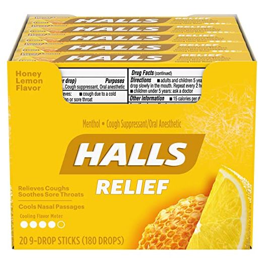 HALLS Relief Honey Lemon Cough Drops, 20 Packs of 9 Drops (180 Total Drops)