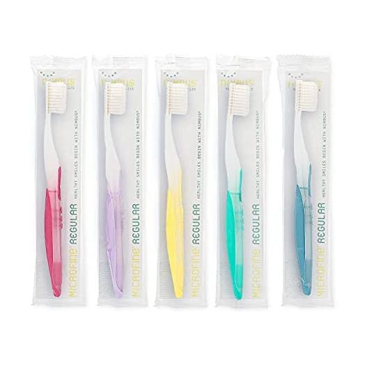 Nimbus Extra Soft Toothbrushes (Regular Size Head), Periodontist Design Tapered Bristles for Sensitive Teeth and Receding Gums, Individually Wrapped Plaque Remover Travel Toothbrush (5 Pack, Colors May Vary)
