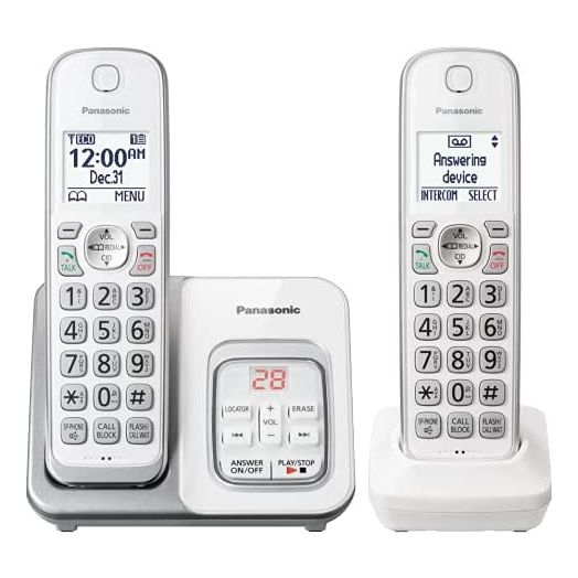 Panasonic DECT 6.0 Expandable Cordless Phone with Answering Machine and Smart Call Block - 2 Cordless Handsets - KX-TGD632W (White/Silver)