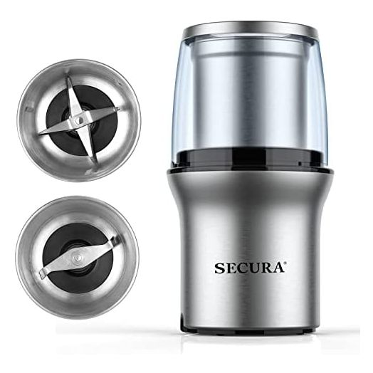 Secura Electric Coffee Grinder and Spice Grinder with 2 Stainless Steel Blades Removable Bowls