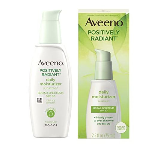 Aveeno Positively Radiant Daily Facial Moisturizer with Total Soy Complex and Broad Spectrum SPF 30 Sunscreen, Oil-Free and Non-Comedogenic, 2.5 fl. oz