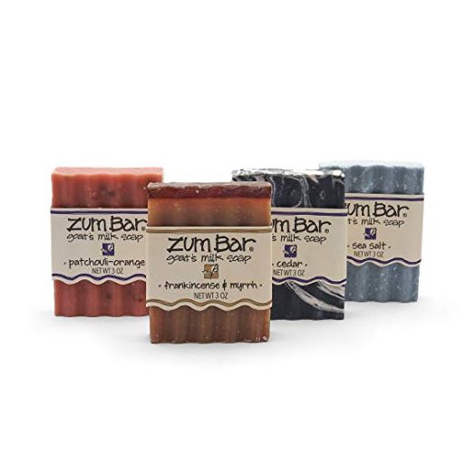 Zum Bar Goat's Milk Soap - Earth and Sea Blends - Frankincense and Myrrh, Sea Salt, Patchouli-Orange, Cedar - 3 oz (4 Pack)