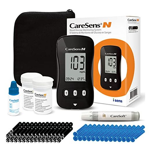 CareSens N Blood Glucose Monitor Kit with 100 Blood Sugar Test Strips, 100 Lancets, 1 Blood Glucose Meter, 1 Lancing Device, Travel Case for Diabetes Testing Kit (Auto-Coding Glucometer kit with 1 Control Solution)