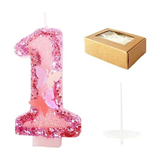 Birthday Candles Number 1, Pink Glitter Happyndle