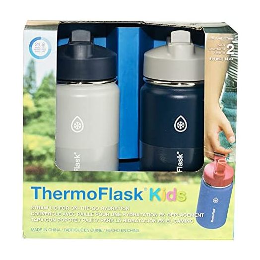 Thermoflask Stainless Steel Kids 14oz Straw Bottle 2pk Harbor Grey, Denim