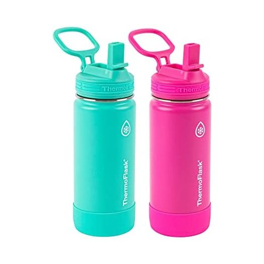ThermoFlask Stainless Steel KIDS Bottles with Straw Lid ,BPA-free, 16 Ounces, 2 Count (Aquamarine/Storm Pink)