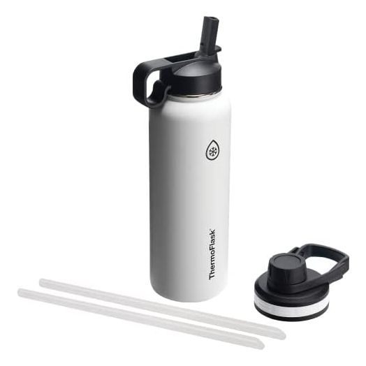 Thermoflask Double Stainless Steel Insulated Water Bottle with Two Lids, 40 oz, White