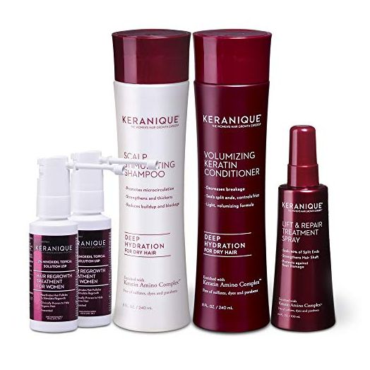 Keranique Deep Hydration Anti-Hair Loss System - includes Hair Growth Shampoo and Conditioner for Dry Thinning Hair, 2% Minoxidil Spray, and Lift and Repair Spray, 60 Days