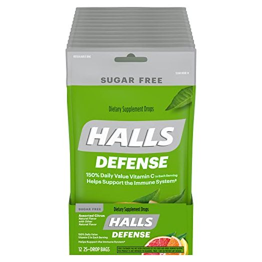 HALLS Defense Assorted Citrus Sugar Free Vitamin C Drops, Dietary Supplement Drops, 12 Bags of 25 Drops (300 Total Drops)