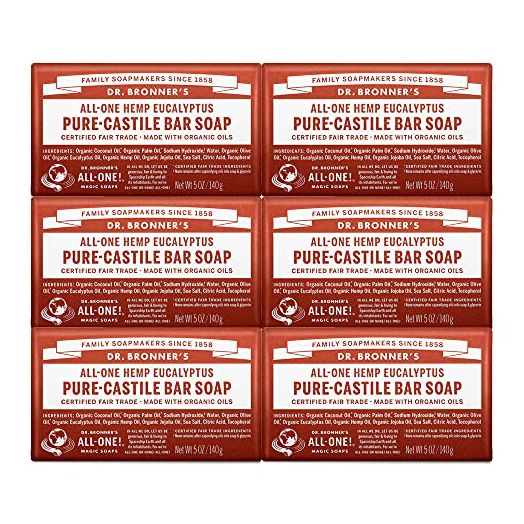 Dr. Bronner’s - Pure-Castile Bar Soap (Eucalyptus, 5 ounce, 6-Pack) - Made with Organic Oils, For Face, Body and Hair, Gentle and Moisturizing, Biodegradable, Vegan, Cruelty-free, Non-GMO