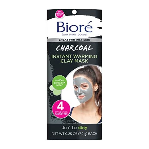 Bioré Charcoal Instantly Warming Clay Facial Mask for Oily Skin, with Natural Charcoal, Cleanse Clogged Pores, Dermatologist Tested, Non-Comedogenic, Oil Free,1 Pack (4 Count)