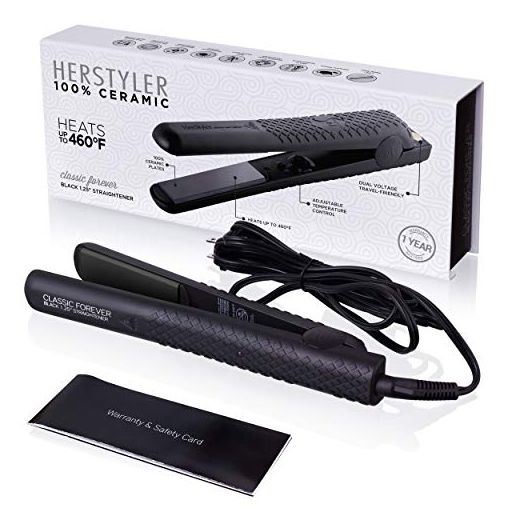 Herstyler Forever Straightening Flat Iron | Travel Friendly Dual Voltage Flat Iron 1.25 inch | Ceramic Hair Straightener For Silken Hair | Negative Ion Technology To Fight Frizz | Beautiful In Black