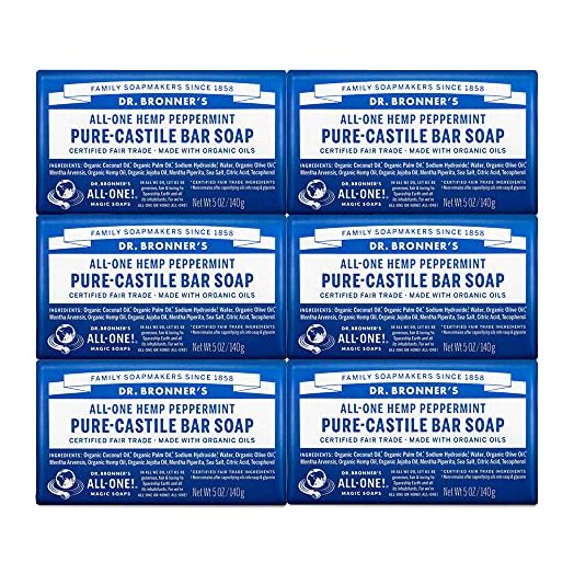 Dr. Bronner’s - Pure-Castile Bar Soap (Peppermint, 5 ounce, 6-Pack) - Made with Organic Oils, For Face, Body & Hair, Gentle & Moisturizing, Biodegradable, Vegan, Cruelty-free, Non-GMO