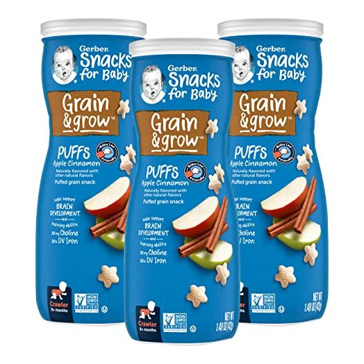 Gerber Snacks for Baby Grain & Grow Puffs, Apple Cinnamon, Non-GMO with No Artificial Flavors or Sweeteners, Puffed Grain Baby Snack, 1.48 OZ (Pack of 3)