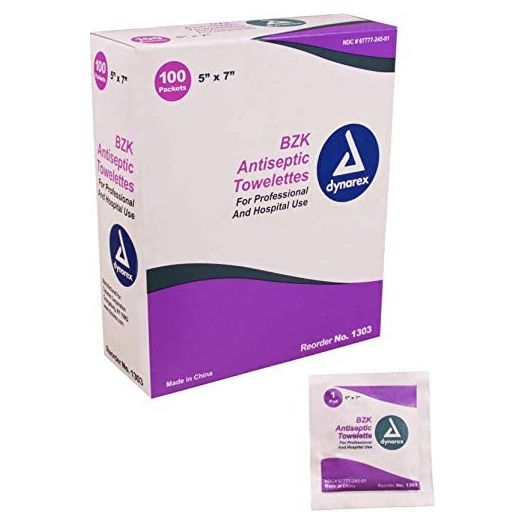 Dynarex Antiseptic Wipe Benzalkonium BZK First Aid Wipes 100/Box