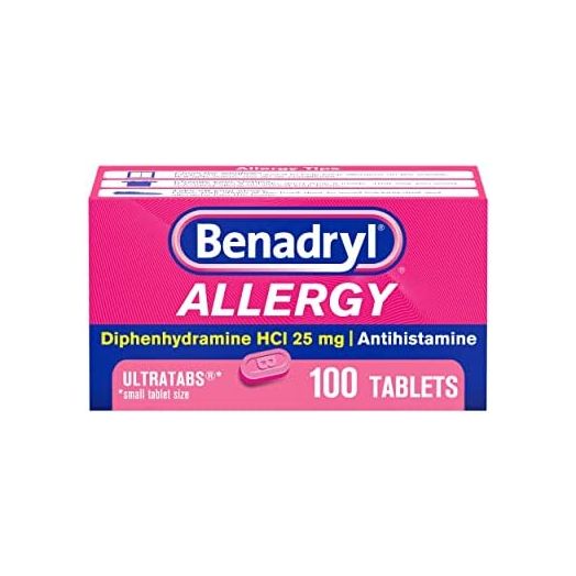 Benadryl Ultratabs Antihistamine Allergy Relief Medicine, Diphenhydramine HCl Tablets for Relief of Cold & Allergy Symptoms Such as Sneezing, Runny Nose, & Itchy Eyes & Throat, 100 ct
