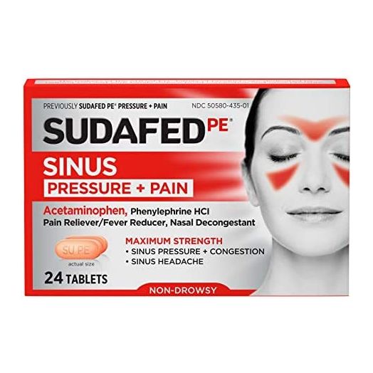 Sudafed PE Sinus Pressure + Pain Relief Maximum Strength Non-Drowsy Decongestant, 24 Count