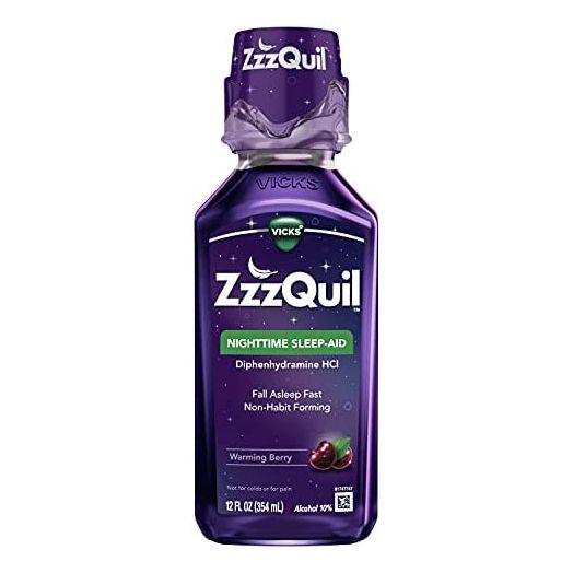ZzzQuil, Nighttime Sleep Aid Liquid, 50 mg Diphenhydramine HCl, No.1 Sleep-Aid Brand, Warming Berry Flavor, Non-Habit Forming, 12 FL OZ