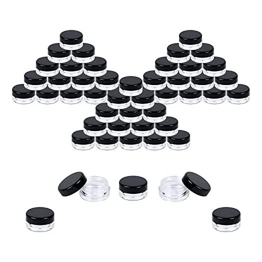 Houseables 3 Gram Jar, 3 ML, Black, 50 Pk, BPA Free, Cosmetic Sample Empty Container, Plastic, Round Pot, Screw Cap Lid, Small Tiny 3g Bottle, for Make Up, Eye Shadow, Nails, Powder, Paint, Jewelry