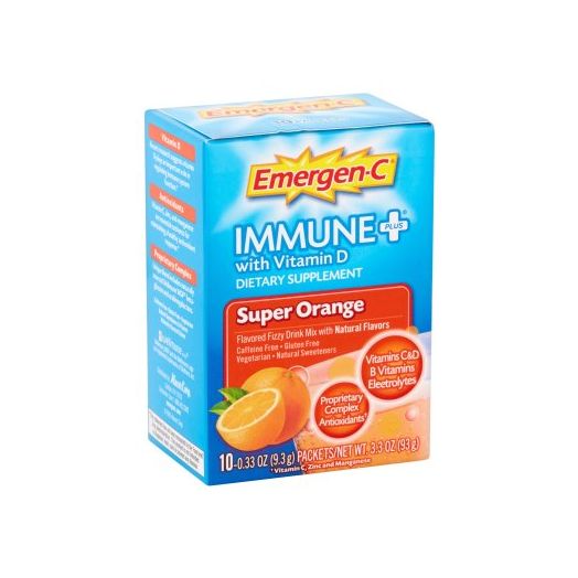 Emergen-c (10 count, super orange flavor) immune+ system support with vitamin d, dietary supplement fizzy drink mix with 1000mg vitamin c, 0.32 ounce packets, caffeine free
