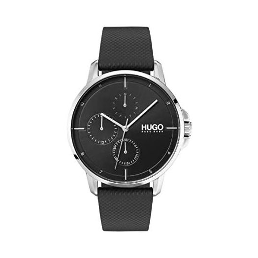 HUGO #Focus Men Qtz Multifunction Stainless Steel and Strap Business Watch, Color: Black (Model: 1530022)