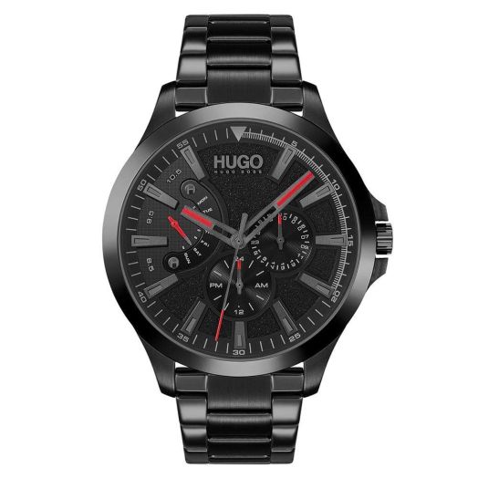 HUGO #LEAP Men's Multifunction Stainless Steel and Link Bracelet Casual Watch, Color: Black (Model: 1530175)