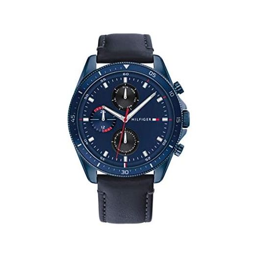 Tommy Hilfiger Men's Qtz Multifunction Stainless Steel and Leather Strap Casual Watch, Color: Blue (Model: 1791839)