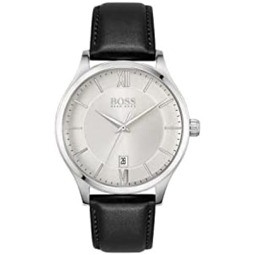 BOSS Men's Elite Stainless Steel Quartz Watch with Leather Strap, Black, 20 (Model: 1513893)