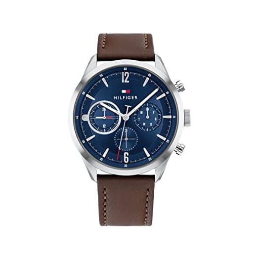 Tommy Hilfiger Men's Stainless Steel Quartz Watch with Leather Strap, Dark Brown, 22 (Model: 1791940)