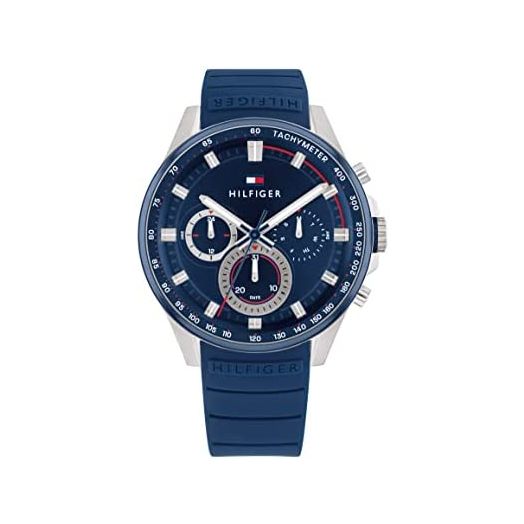 Tommy Hilfiger Men's Stainless Steel Quartz Watch with Silicone Strap, Blue, 21 (Model: 1791970)