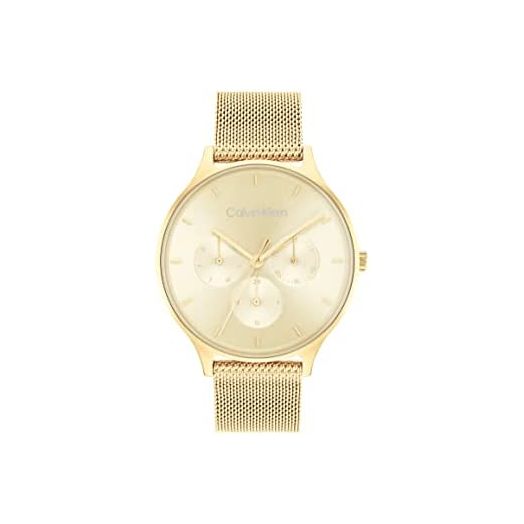 Calvin Klein Women's Multifunction Ionic Gold Plated Steel and Mesh Bracelet Watch, Color: Gold Plated (Model: 25200103)