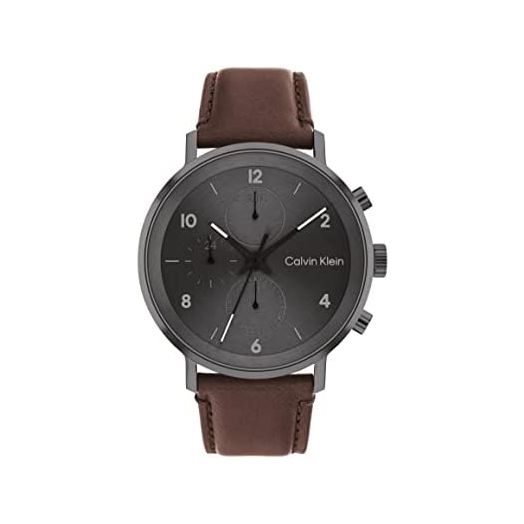 Calvin Klein Men's Multifunction Ionic Plated Grey Steel and Leather Strap Watch, Color: Brown (Model: 25200110)